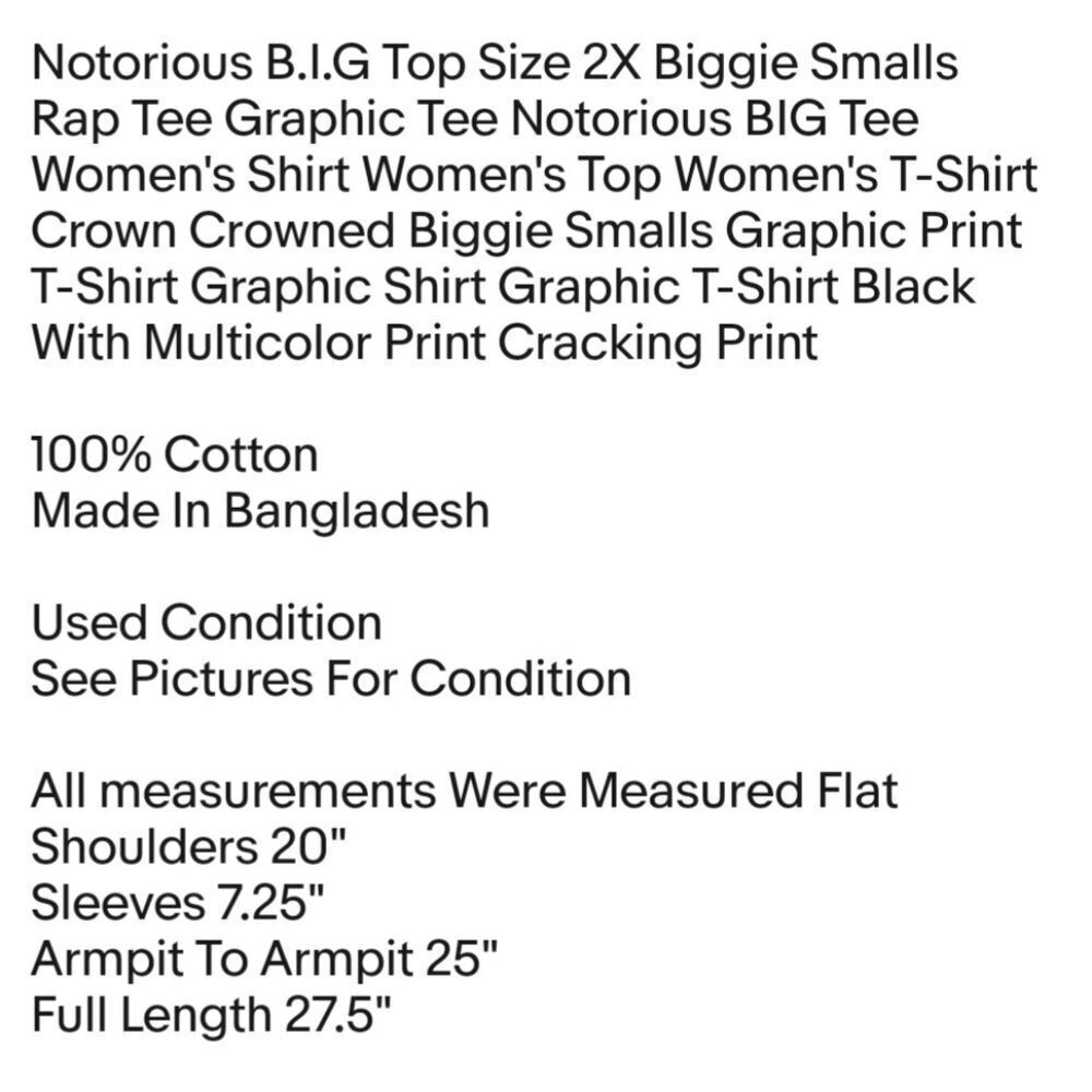 Notorious B.I.G Top Size 2X Biggie Smalls Rap Tee Graphic Tee Notorious BIG Tee - Picture 2 of 7